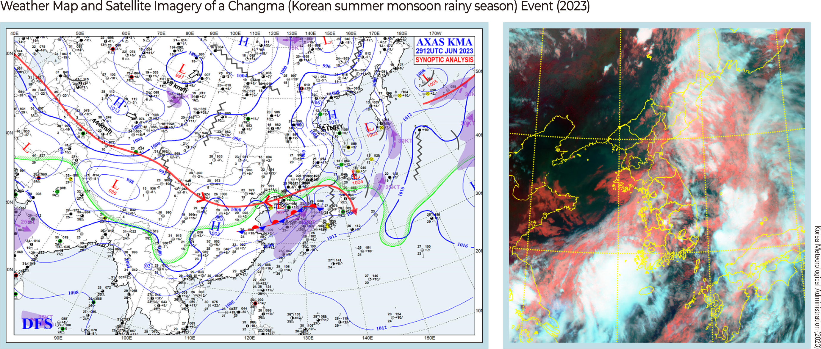 Weather Map and Satellite Imagery of a Changma (Korean summer monsoon rainy season) Event (2023)