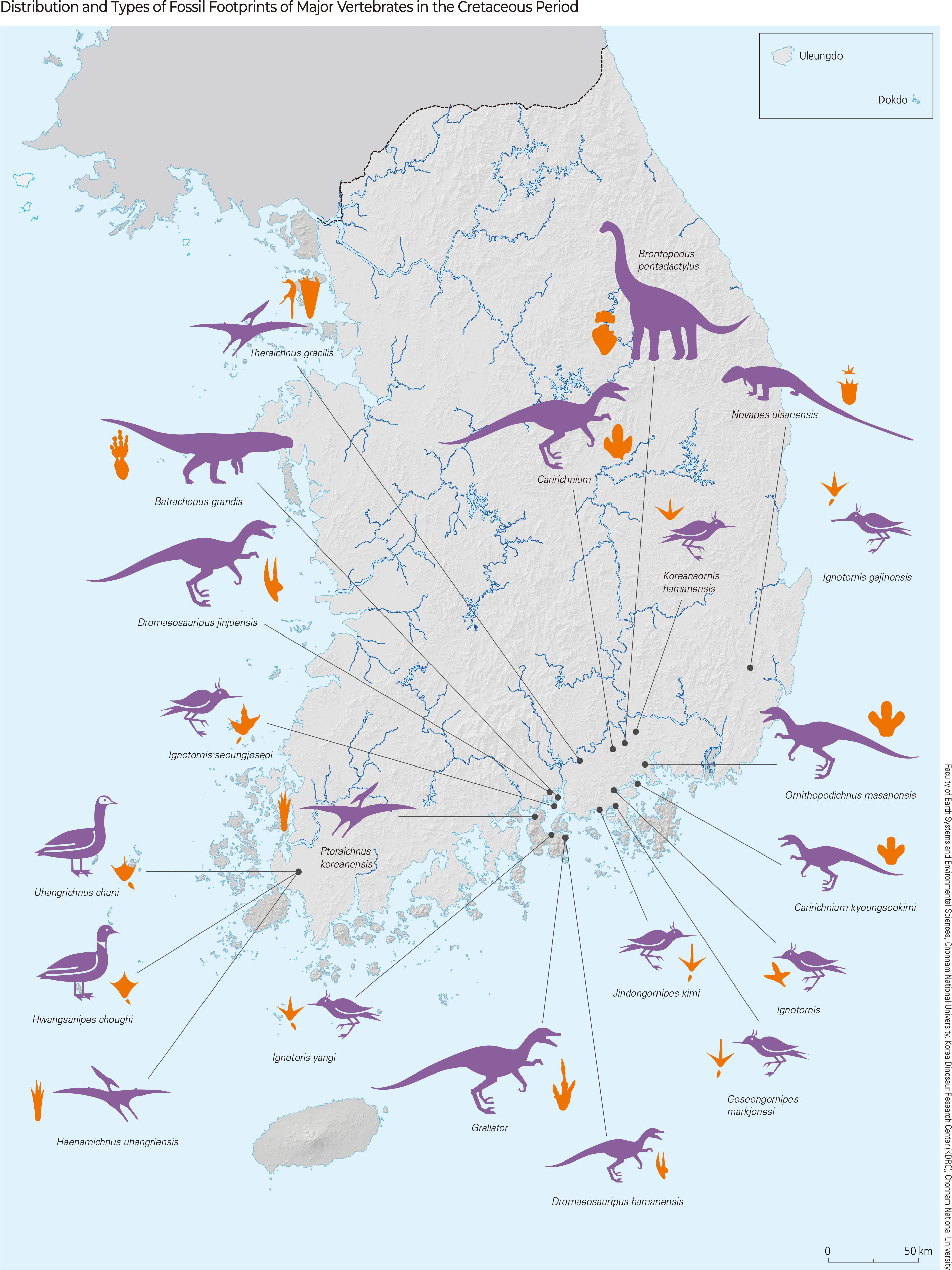 Distribution and Types of Fossil Footprints of Major Vertebrates in the Cretaceous Period